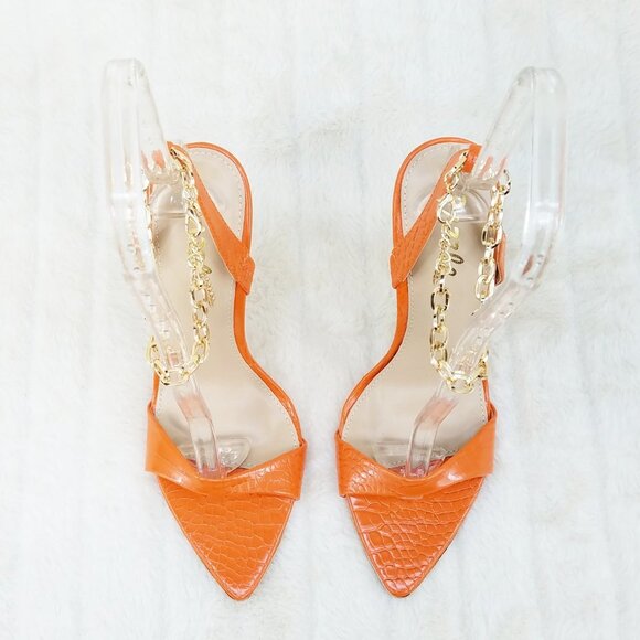 Nicely Lock Chain Strap High Heels Metal Toe Tip Orange Super Cute - Picture 9 of 13